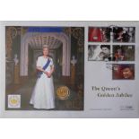 THE QUEENS GOLDEN JUBILEE 1952 - 2002, A COMMEMORATIVE 2001 GOLD SOVEREIGN COIN COVER LIMITED