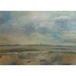 JACKIE CAMPBELL, OIL ON BOARD Landscape abstract view, with a church steeple on horizon, signed