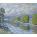 ARTHUR J. HATHAWAY, 1880 - 1978, OIL ON CANVAS Landscape, river with tall trees, signed lower