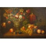 AN 18TH CENTURY FLEMISH SCHOOL OIL ON CANVAS, STILL LIFE, FRUIT AND FLOWERS Gilt framed. (100cm x