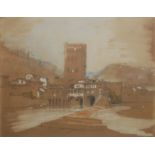 A 19TH CENTURY ITALIAN WATERCOLOUR Riverside landscape, with building, mounted, framed and