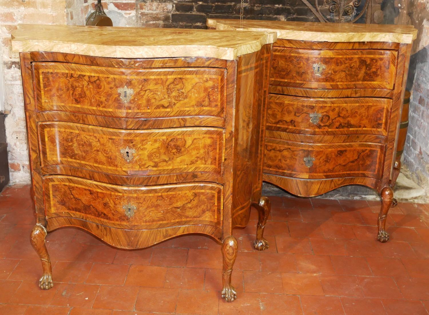 A RARE PAIR OF 18TH CENTURY ITALIAN BURR WALNUT AND KINGWOOD COMMODES Serpentine form, with