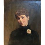 A VICTORIAN OIL ON CANVAS, PORTRAIT OF A LADY Wearing a rose, signed, bearing indistinct monogram,