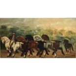 HORSES ON THE WAY TO APPLEBY FAIR, 19TH CENTURY OIL ON CANVAS Framed. (131cm x 80cm)