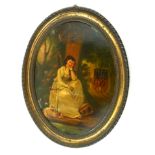 A 19TH CENTURY OVAL OIL ON TIN Forlorn lady with dog, with coach in background, gilt framed. (29cm x