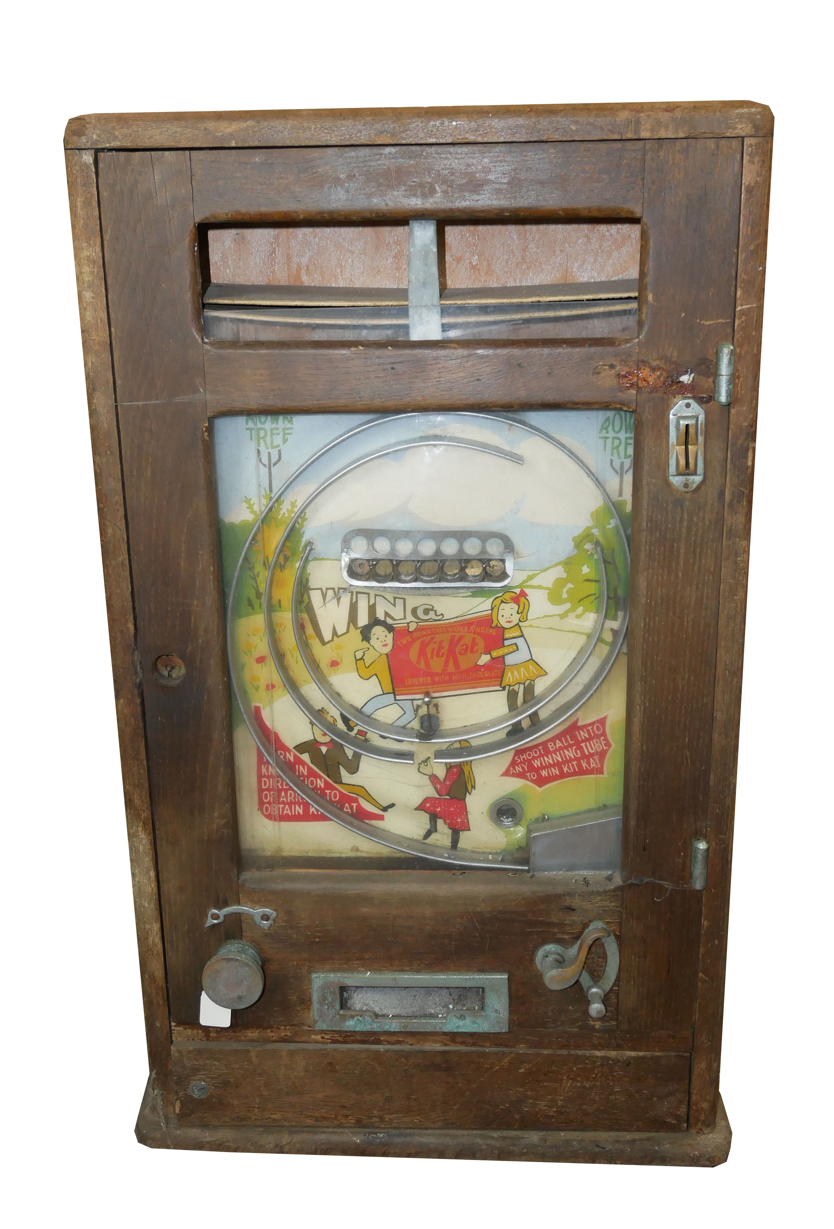 AN EARLY 20TH CENTURY OAK 'ALL WIN' PENNY ARCADE SLOT MACHINE Rectangular form, with penny slot