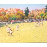 GERRY BLOOD, 1932 - 2005, OIL ON CANVAS Cricketing scene, signed and framed. (64cm x 74cm)