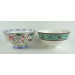 TWO CHINESE PORCELAIN BOWLS Decorated with flowers and Greek Key design, bearing a six character