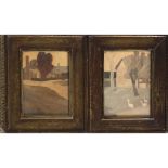 A PAIR OF ART DECO PERIOD SPECIMEN WOOD PICTURES Farm scenes, in planished gilt frames, glazed and