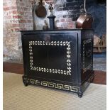 AN ITALIAN EBONISED AND BONE INLAID TABLE TOP CABINET The outer case with painted decoration, the