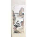 A CHINESE SCROLL DECORATED WITH A RIVERSIDE LANDSCAPE. (147cm x 120cm) Condition: good