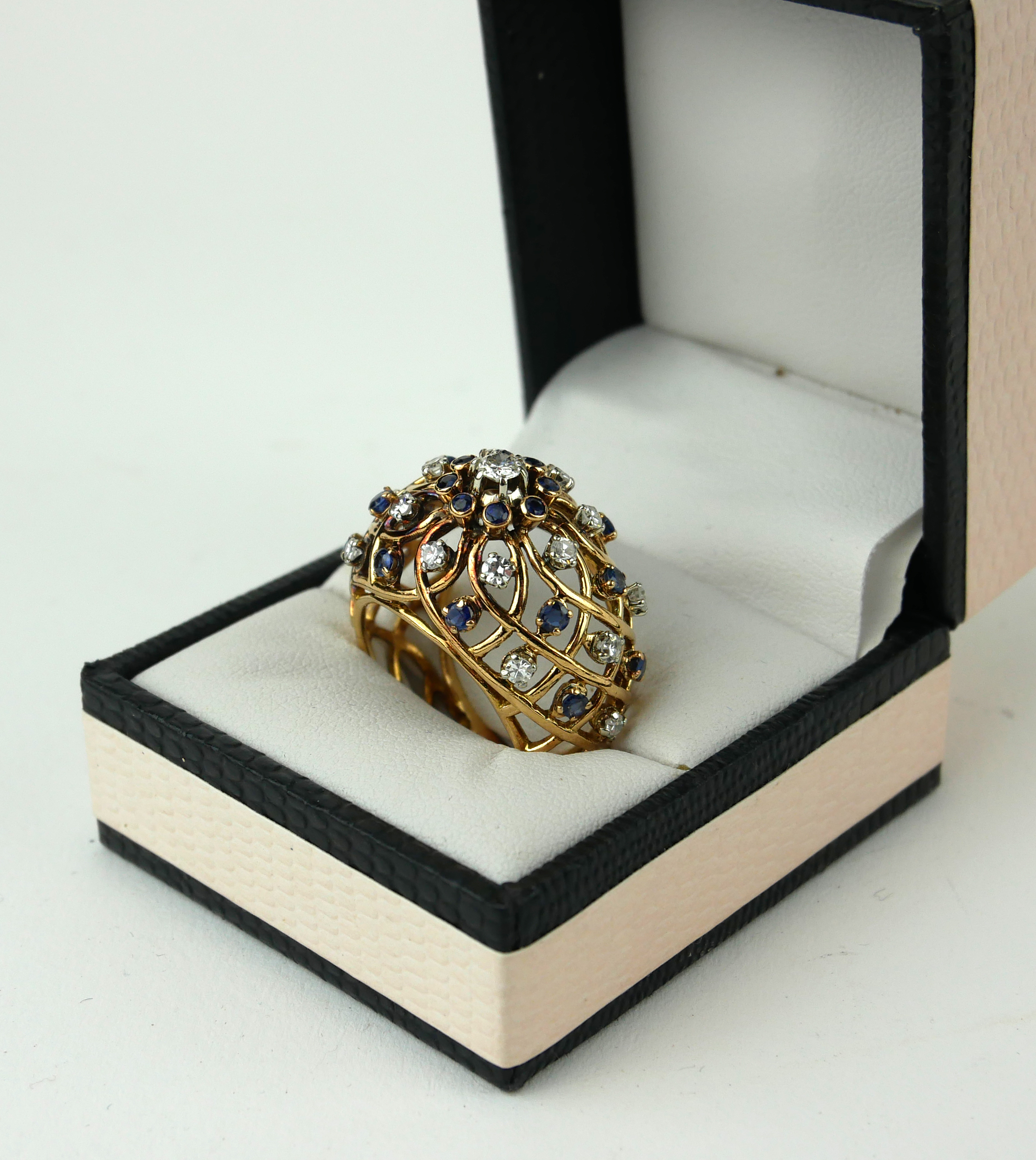 AN 18CT GOLD, SAPPHIRE AND DIAMOND BOMBE RING, CIRCA 1950. (size N). - Image 2 of 2