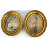 A PAIR OF EARLY 19TH CENTURY BRITISH SCHOOL OVAL WATERCOLOUR PORTRAIT MINIATURES Young lady in a