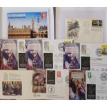 A MIXED COLLECTION OF COMMEMORATIVE STAMPS, FIRST DAY COVERS COINS AND BANKNOTES including approx