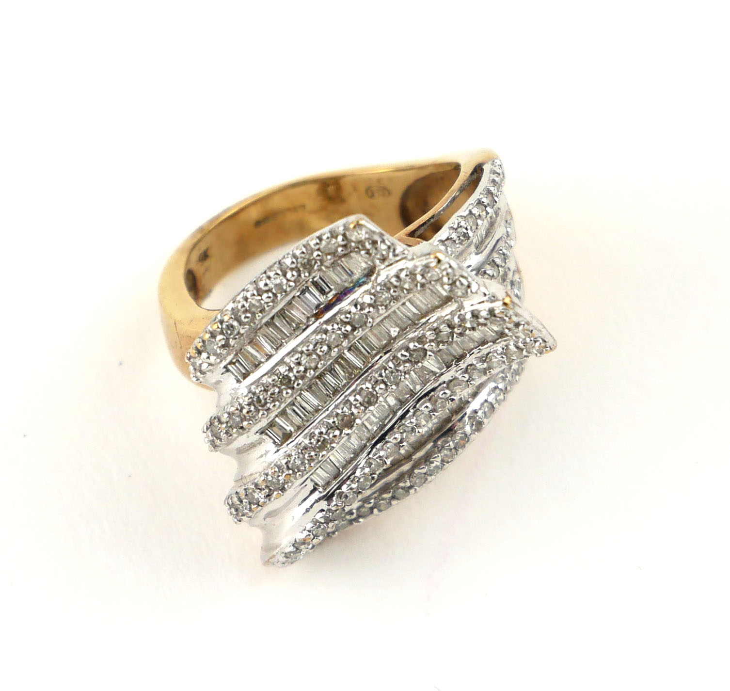 AN 18CT WHITE GOLD BAGUETTE CUT AND PAVÉ SET DIAMOND TWIRL RING, CIRCA 1970 (size L½). - Image 2 of 4