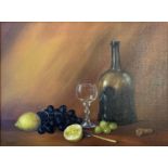 JAY WARD, 20TH CENTURY OIL ON CANVAS Still life, fruits and wine, signed lower left, gilt framed. (