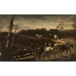 FOREST FONTAINEBLEAU GERICAULT, A 19TH CENTURY OIL ON PANEL Loggers with work horses, unframed,