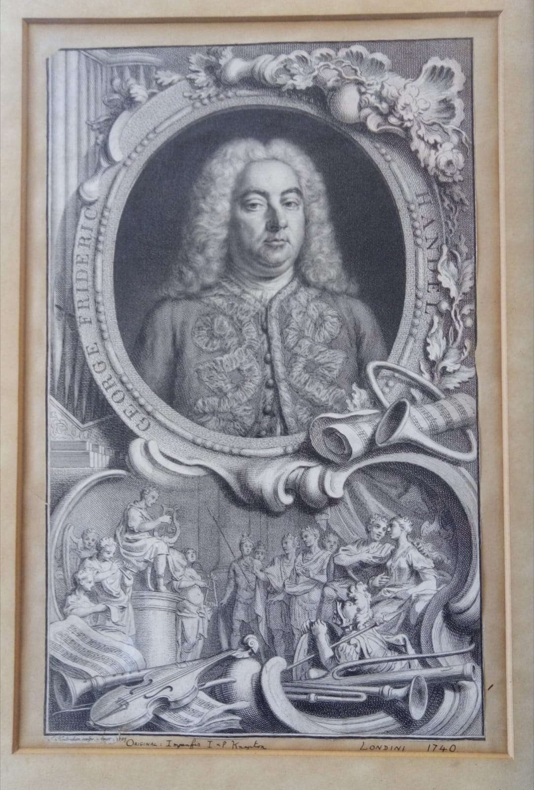 GEORGE FREDERICK HANDEL, AN 18TH CENTURY BLACK AND WHITE ENGRAVING Portrait with instruments