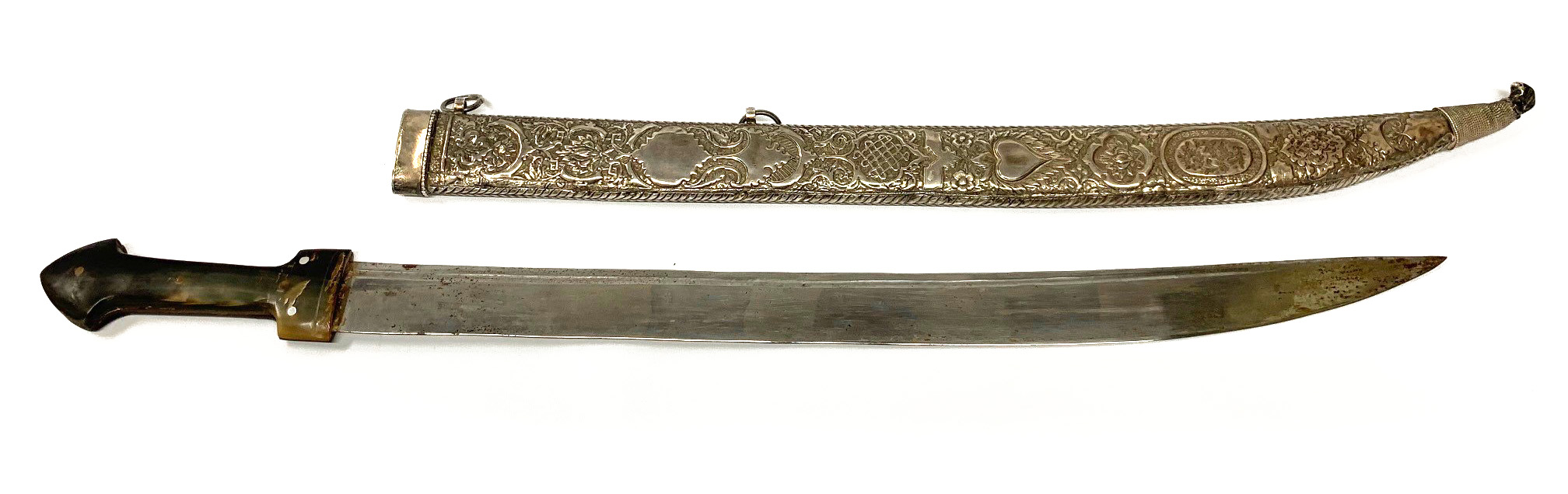 A 19TH CENTURY OTTOMAN SWORD With horn handle and silver embossed hilt. (length of blade 59cm, - Image 2 of 4