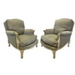 A PAIR OF DECORATIVE LOUIS XV DESIGN PAINTED CARVED WOOD AND UPHOLSTERED ARMCHAIRS Raised on