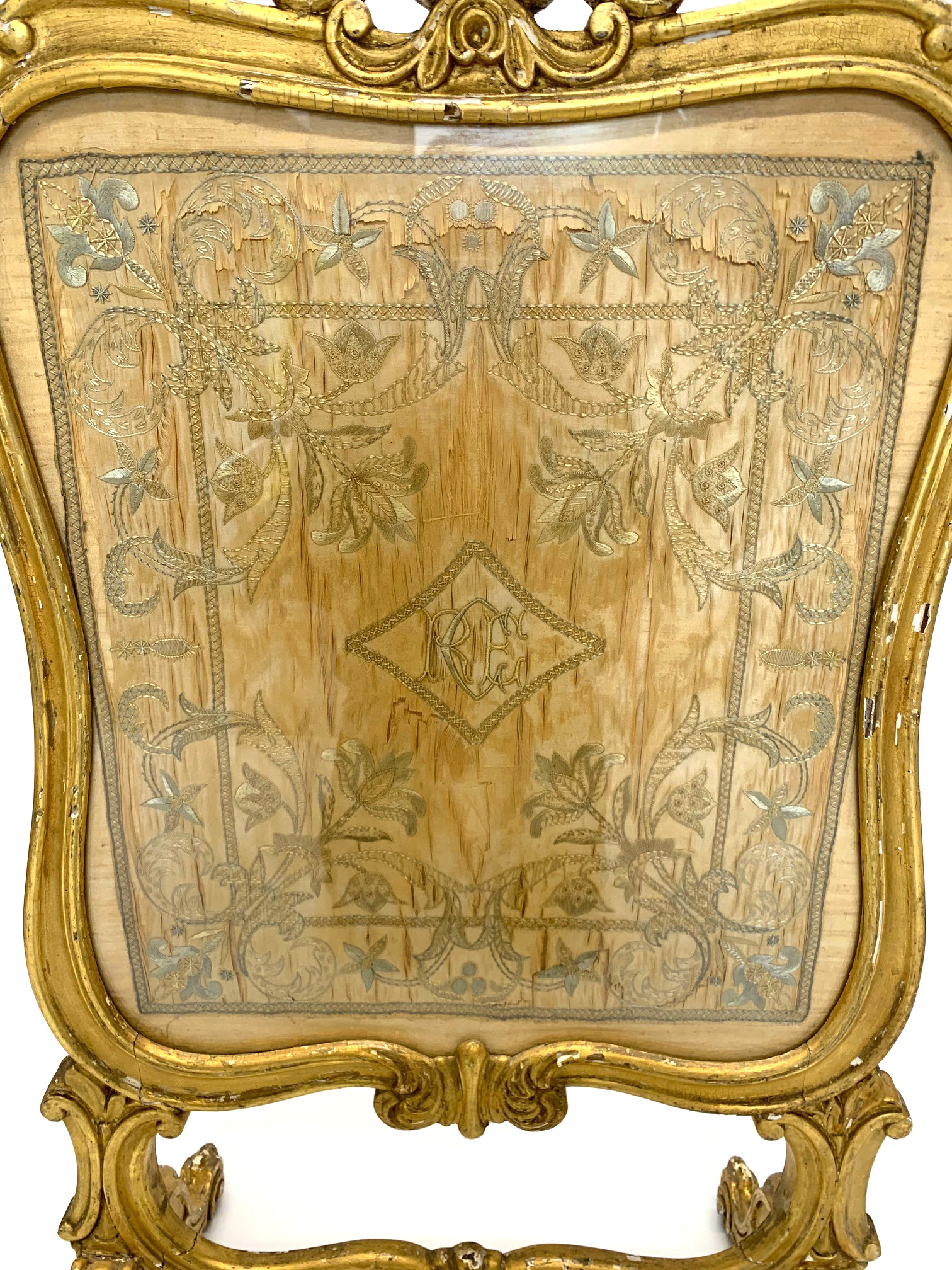 AN 18TH CENTURY LOUIS XV ROCOCO CARVED GILTWOOD FIRE SCREEN Fitted with silk and wool work panel. ( - Image 4 of 5