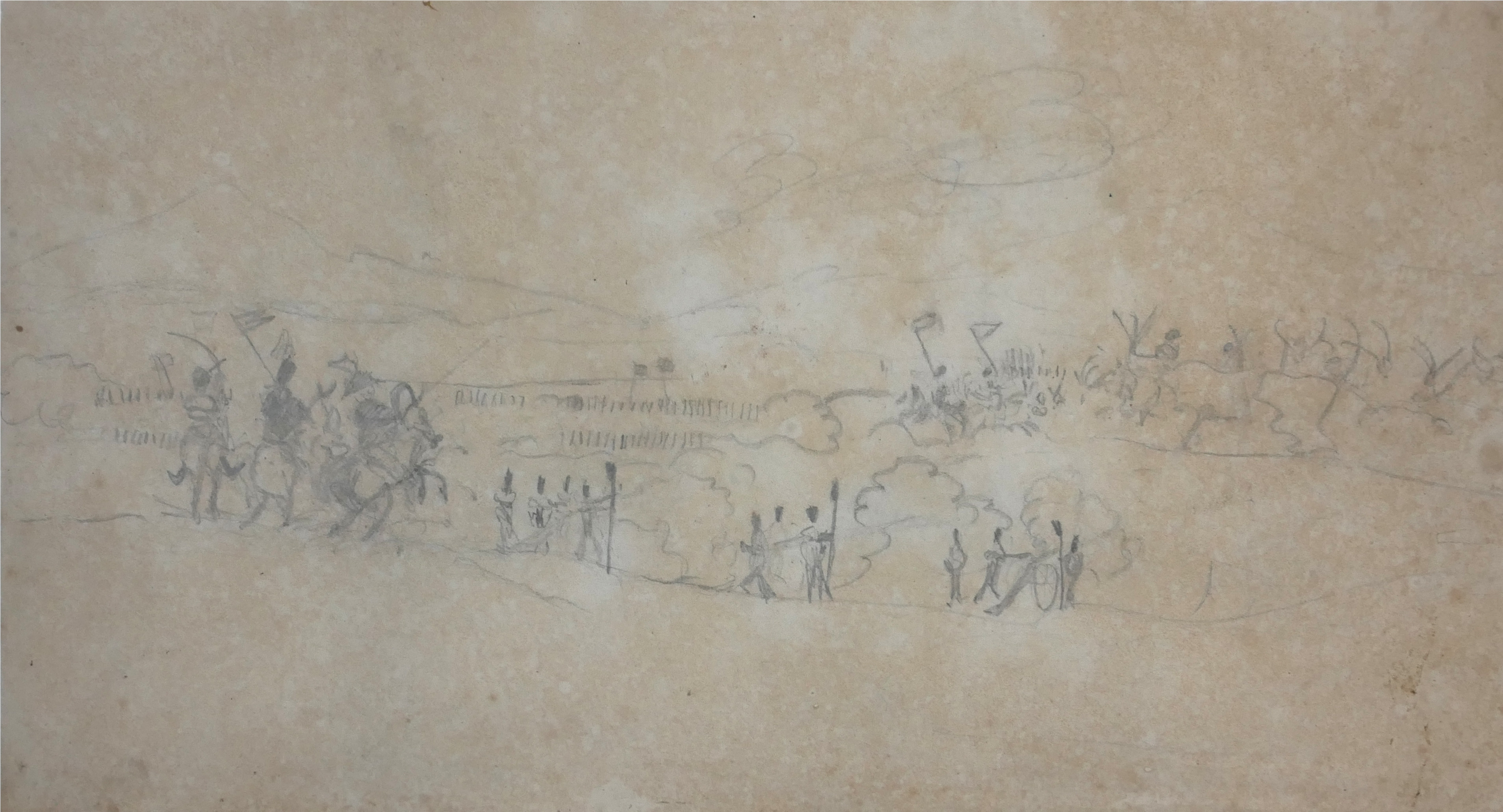 EARLY 19TH CENTURY EUROPEAN SCHOOL PENCIL SKETCH/DRAWING Titled 'Battlefield Charge', an interesting