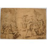 LARGE 17TH CENTURY FRENCH PEN, INK AND WASH DRAWING, MOSES STRIKING THE ROCK Unframed. (sheet 38.7cm