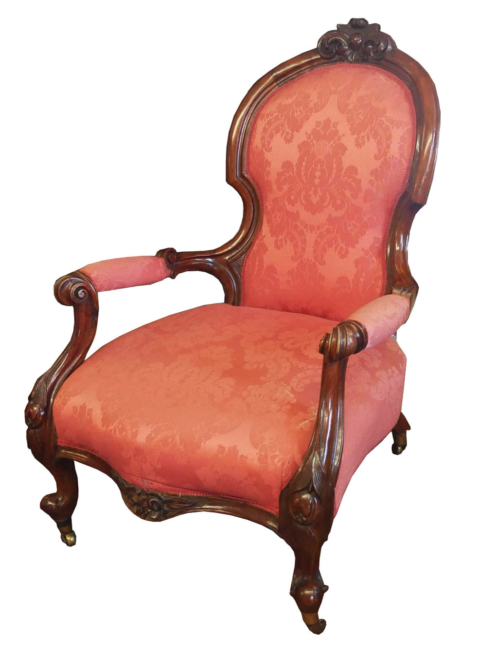 WITHDRAWN AN EARLY VICTORIAN MAHOGANY OPEN ARMCHAIR Button back floral upholstery on a cerise groun