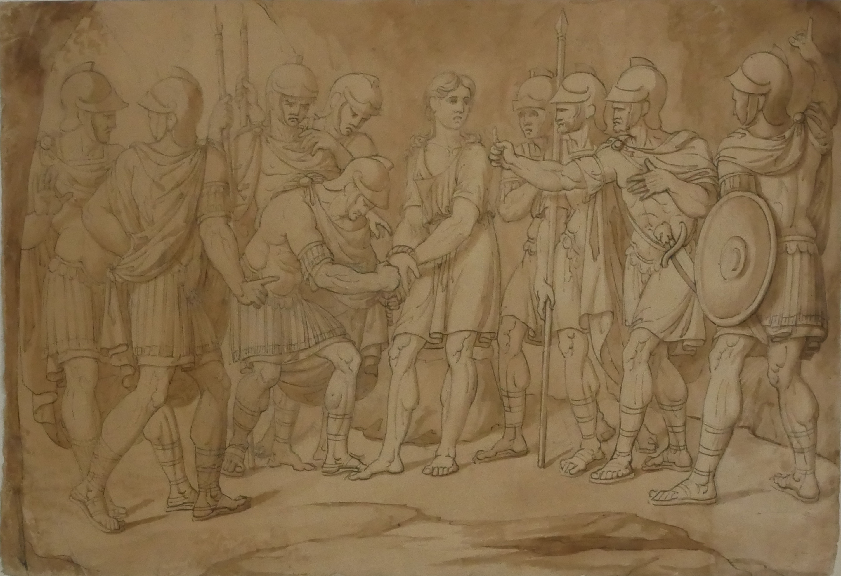 18TH CENTURY CONTINENTAL INK AND WASH DRAWING Study of classical Roman soldiers with prisoners,