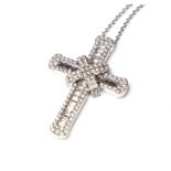 AN 18CT WHITE GOLD AND BAGUETTE AND ROUND CUT DIAMOND CRUCIFIX ON CHAIN. (approx diamonds weight 2.