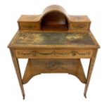 A 19TH CENTURY GEORGE III STYLE STANDING SATINWOOD AND PAINTED LADIES' BONHEUR-DU-JOUR WRITING TABLE