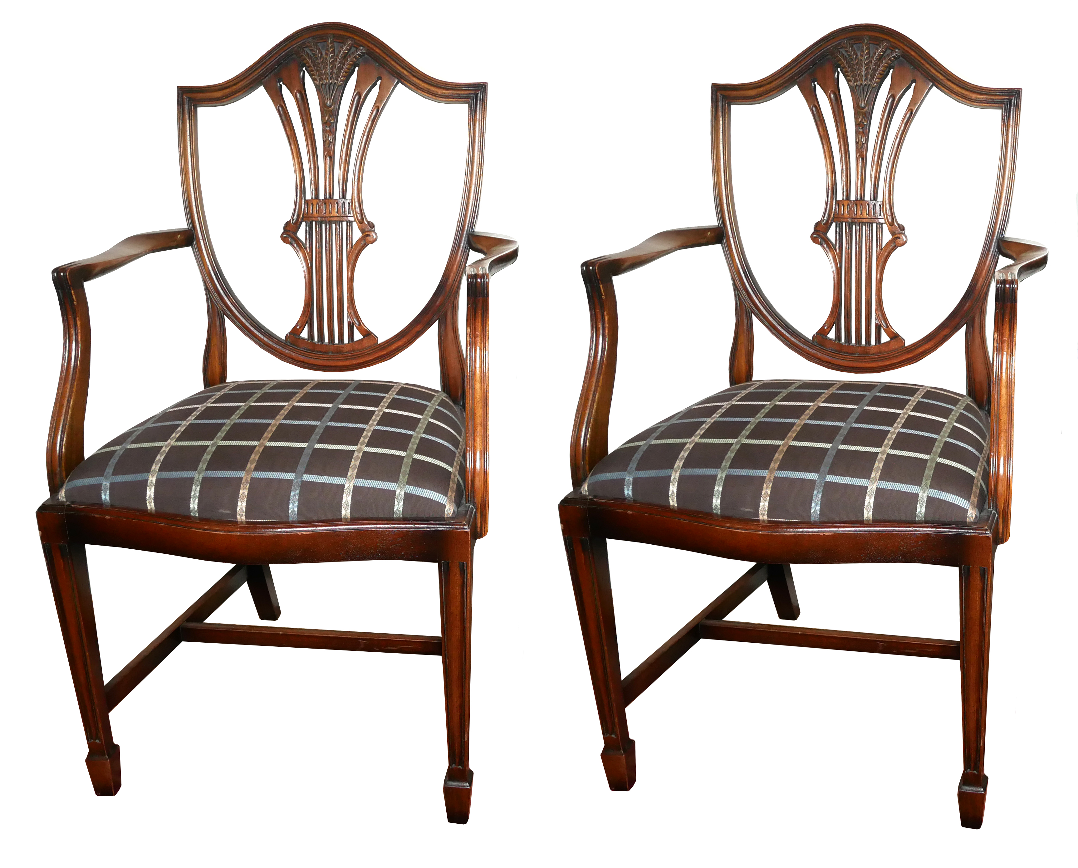 A PAIR OF REGENCY STYLE MAHOGANY OPEN ARMCHAIRS, With pierced wheatsheaf shield backs upholstered