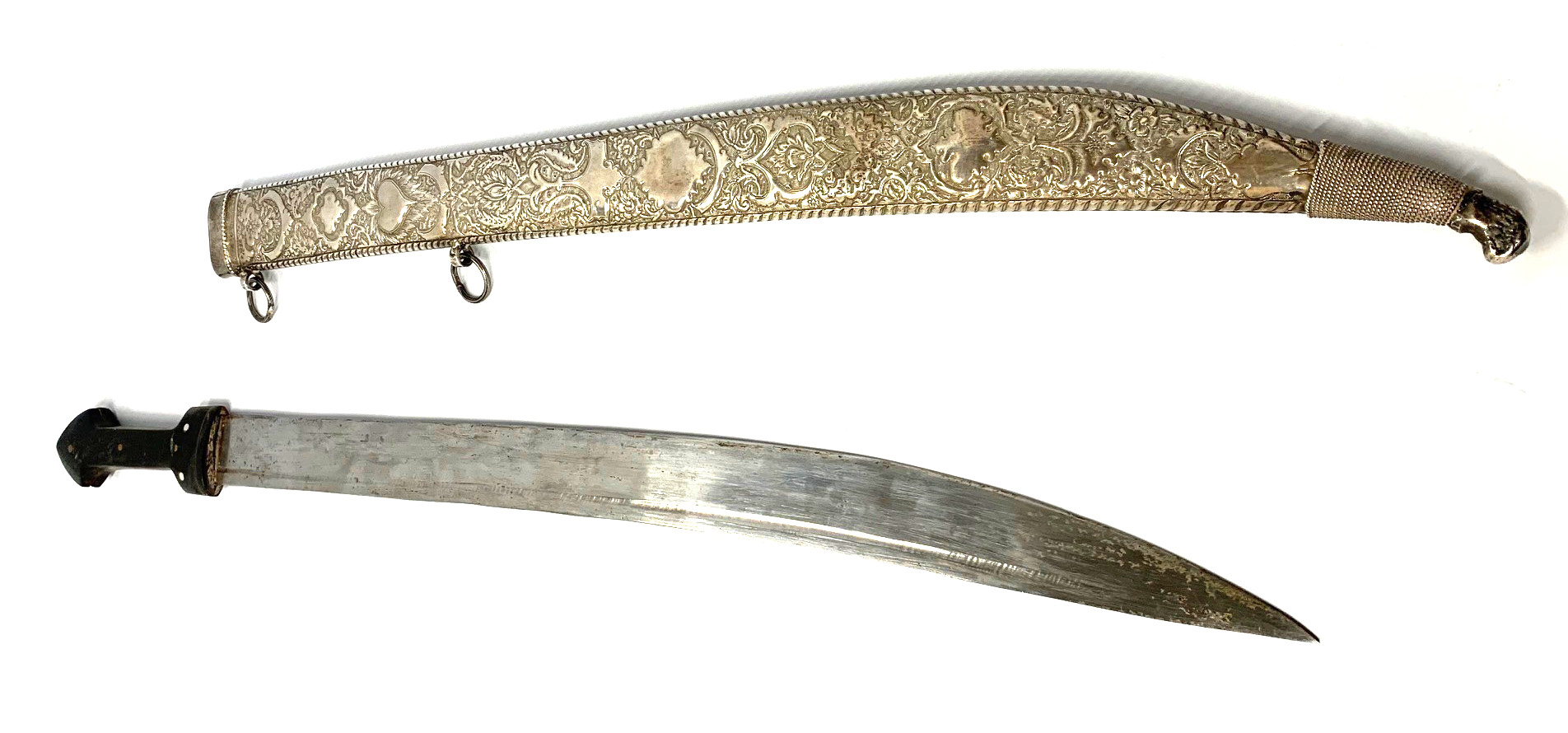 A 19TH CENTURY OTTOMAN SWORD With horn handle and silver embossed hilt. (length of blade 59cm, - Image 3 of 4