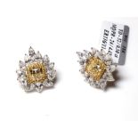 A PAIR OF STYLISH 18CT WHITE GOLD, YELLOW AND WHITE DIAMOND EARRINGS FORMED AS FLORAL WREATHS. (