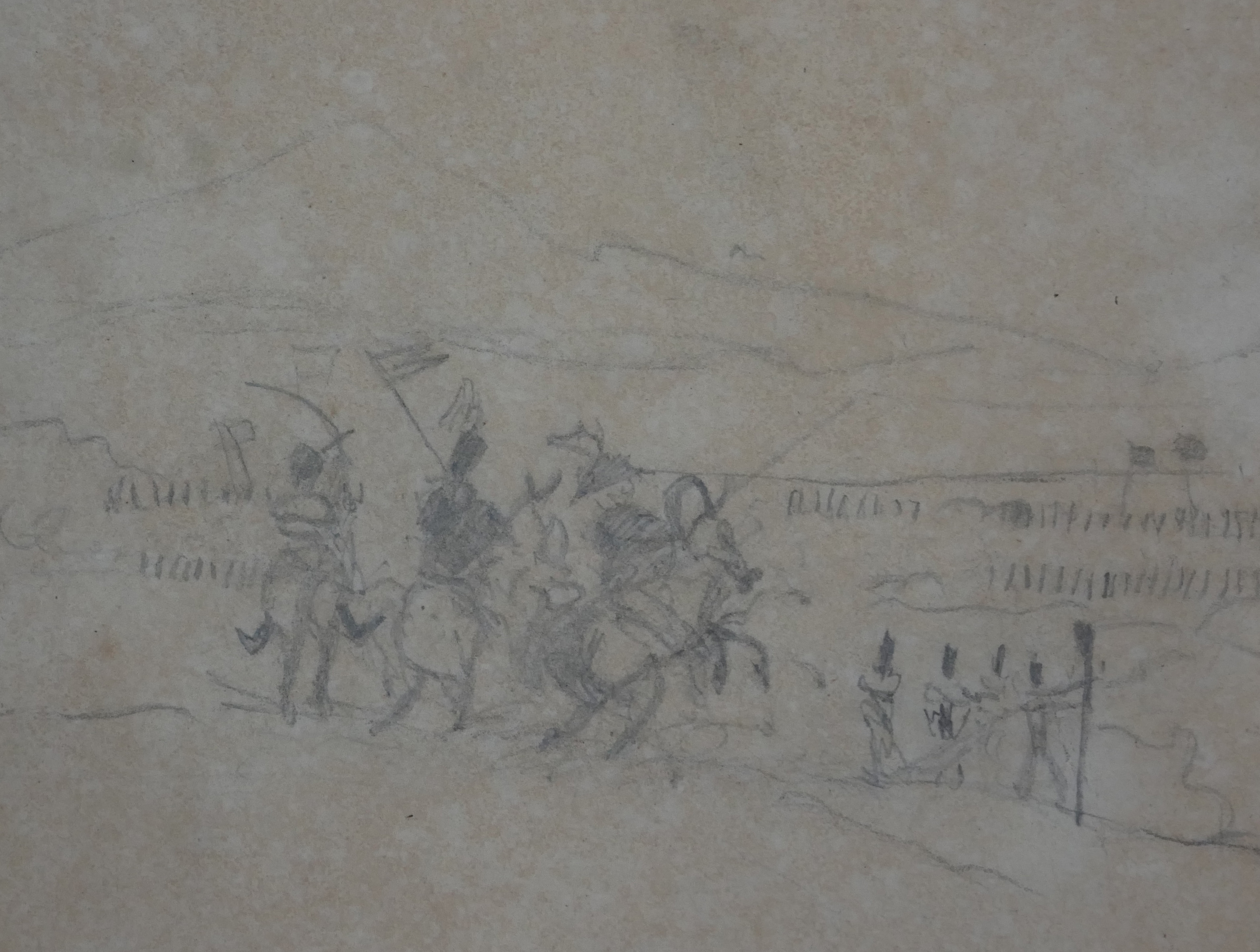 EARLY 19TH CENTURY EUROPEAN SCHOOL PENCIL SKETCH/DRAWING Titled 'Battlefield Charge', an interesting - Image 5 of 8