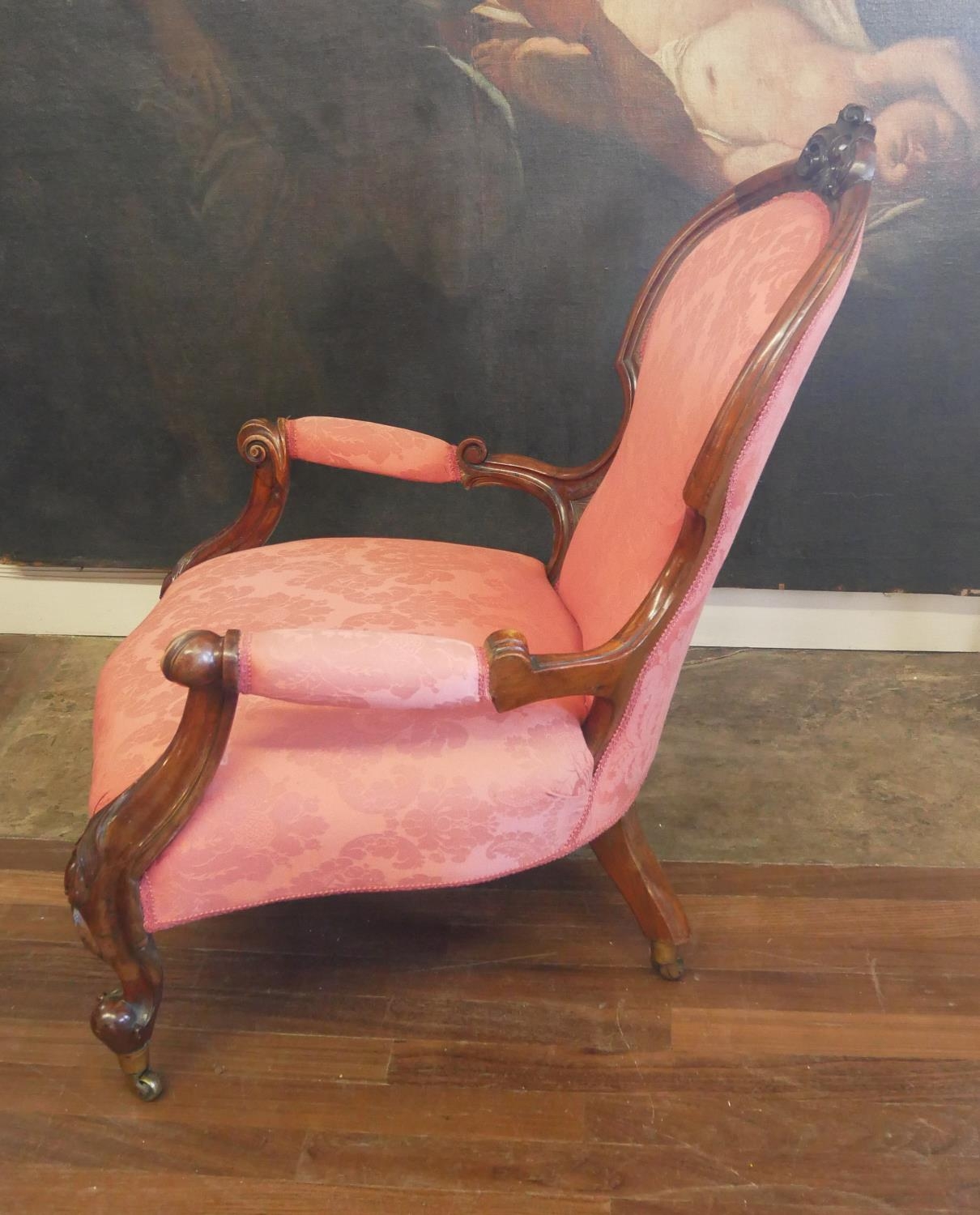 WITHDRAWN AN EARLY VICTORIAN MAHOGANY OPEN ARMCHAIR Button back floral upholstery on a cerise groun - Image 2 of 3