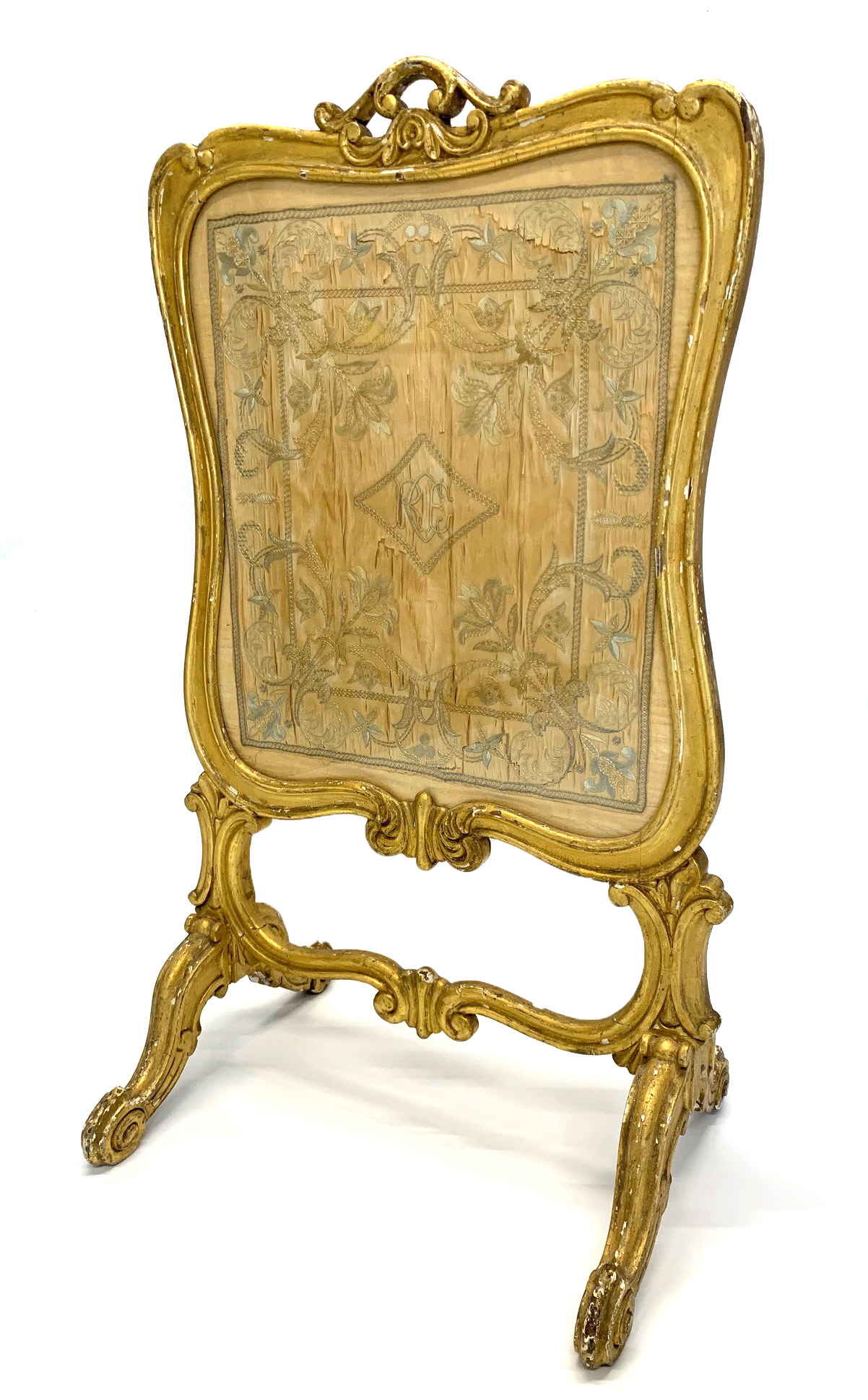 AN 18TH CENTURY LOUIS XV ROCOCO CARVED GILTWOOD FIRE SCREEN Fitted with silk and wool work panel. (