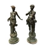 A PAIR OF 19TH CENTURY BRONZE FIGURES OF PAN AND PSYCHE Leaning on pedestals with flowers and
