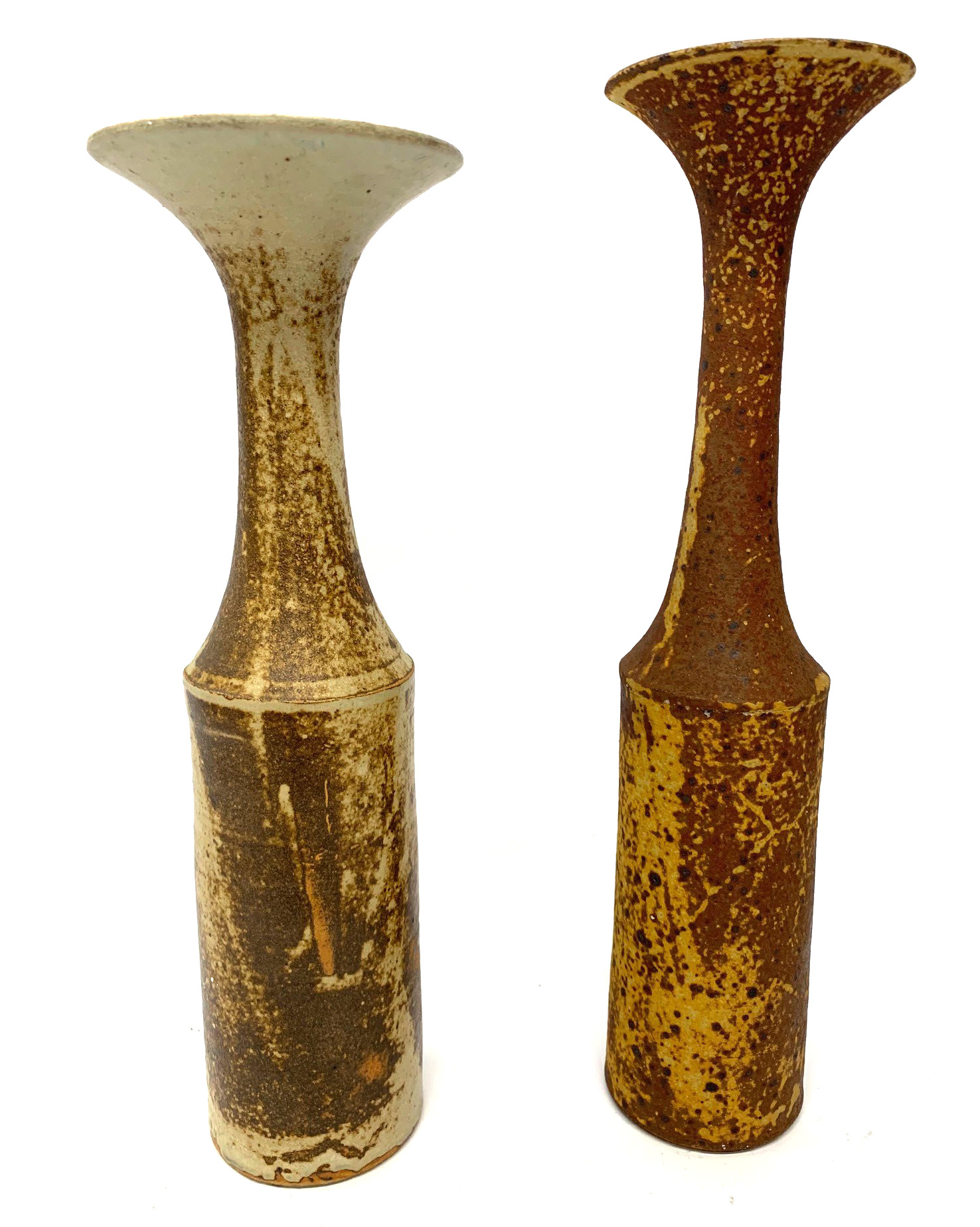 MANNER OF LUCIE RIE, TWO LARGE CYLINDRICAL FORM STUDIO POTTERY VASES With narrow elongated necks and - Image 2 of 5