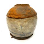 AN 18TH CENTURY CHINESE PAINTED AND GLAZED GINGER JAR With leather top and bottom. (h 16cm x 14cm)