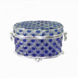 A LARGE SILVER PLATE AND OVERLAID GLASS OVAL CASKET With twin loop handles, hobnail cut glass with