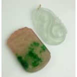 TWO CHINESE CARVED JADE RECTANGULAR PENDANTS Carved with a stylised dragon and a pendant carved as a