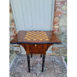 A VICTORIAN STYLE MAHOGANY GAMES TABLE With cartouche parquetry and checkerboard top above two