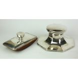 AN EDWARDIAN SILVER OCTAGONAL INKWELL AND INK BLOTTER With circular lid and ceramic well, hallmarked