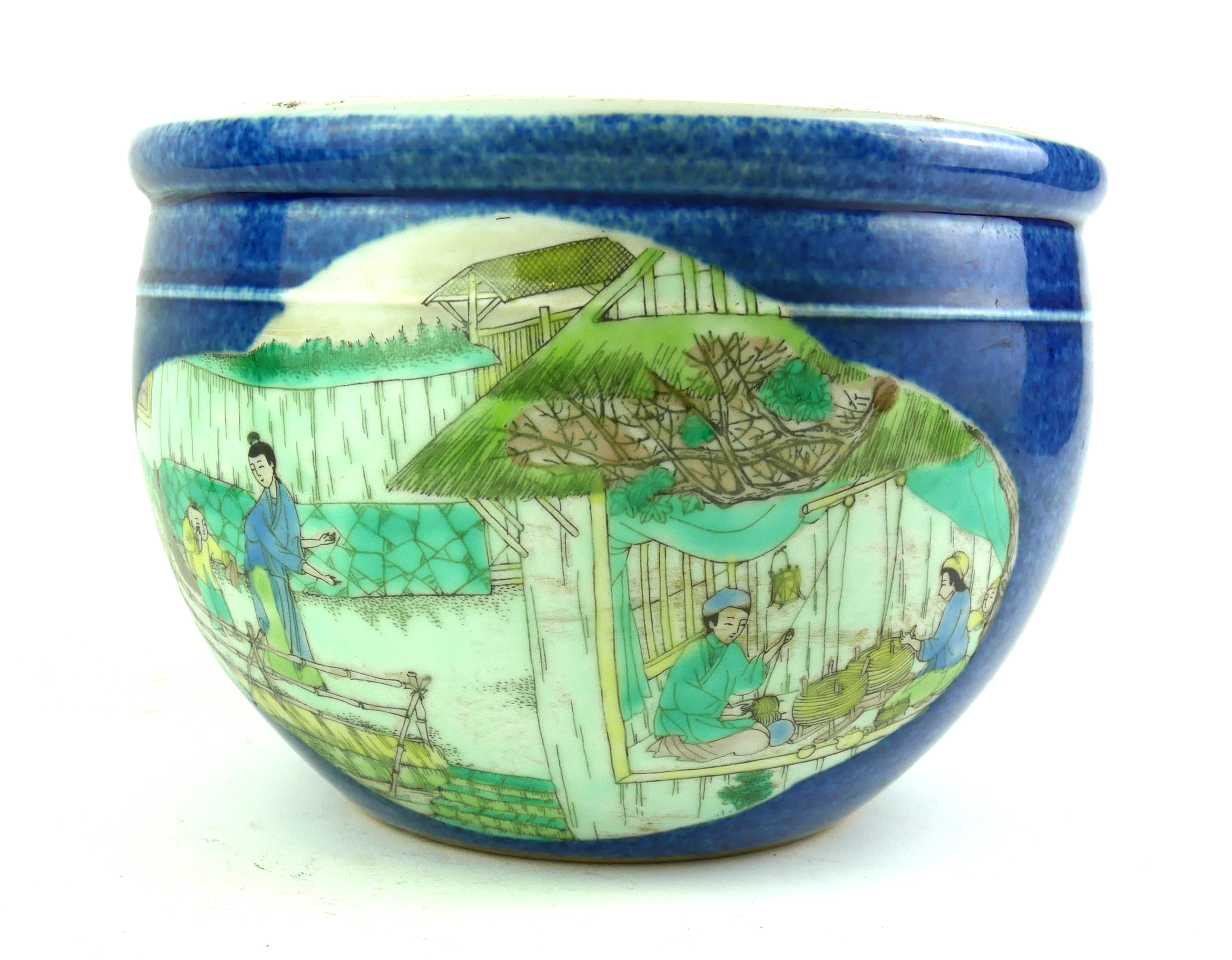 A CHINESE BLUE GLAZE PORCELAIN JARDINIÈRE Decorated with Fishermen in famille verte palette, bearing - Image 3 of 4