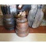 AN EARLY 20TH CENTURY TRUMAN IRON BOUND BARREL Along with a wooden churn and a large wooden rope