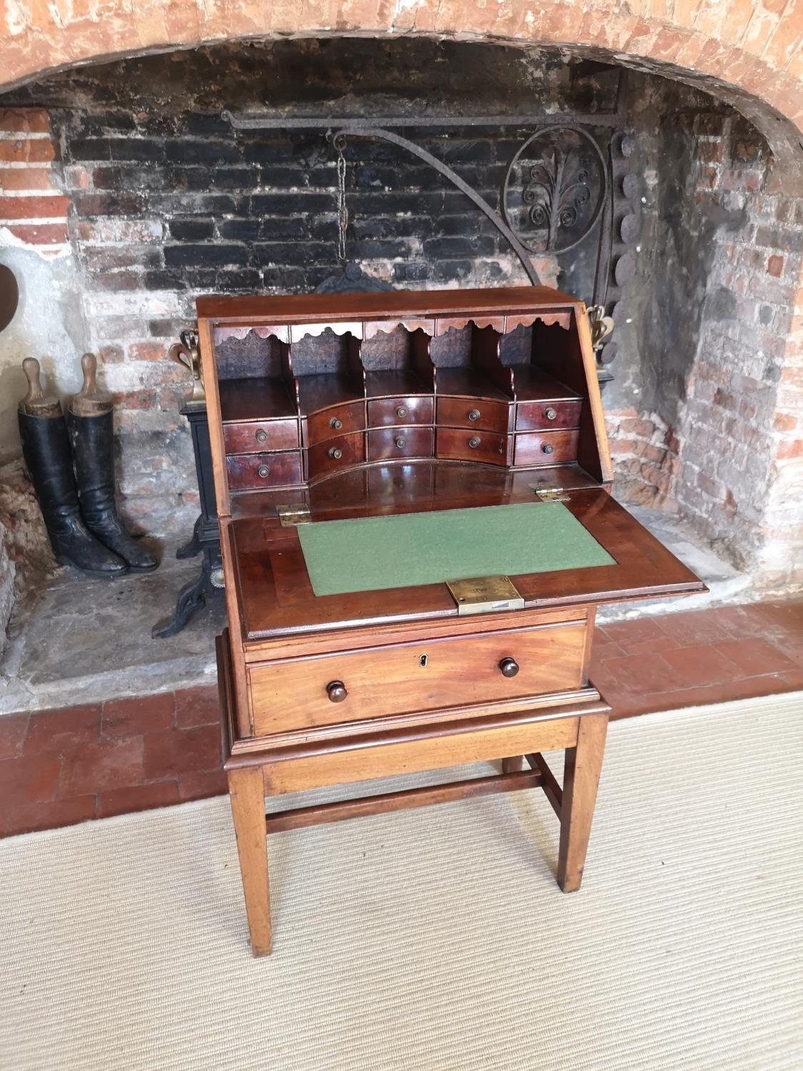 A GEORGIAN AND LATER CHILDS MAHOGANY WRITING BUREAU The fall front enclosing a fitted interior above - Image 3 of 4