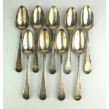 A SET OF NINE GEORGIAN SILVER TABLESPOONS Plain form, each engraved with a squirrel family crest,