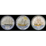 THE GOLDEN HIND, PRIMROSE AND WATERWITCH, THREE POOLE POTTERY PLATES By Arthur Bradbury, Gwen
