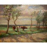 WILFRED STANLEY PETTITT, 1904 - 1978, OIL ON BOARD Landscape, cows in a water meadow, signed lower